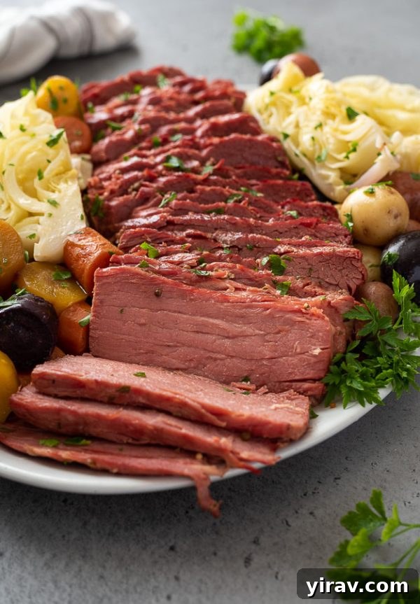 Sliced corned beef and cabbage, potatoes, and carrots arranged beautifully on a white serving platter, ready to be served for a festive St. Patrick's Day dinner.
