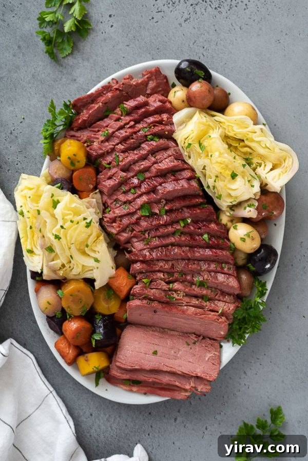 Close-up overhead shot of a platter piled high with savory sliced corned beef, bright green cabbage, golden potatoes, and tender carrots, glistening with cooking juices.