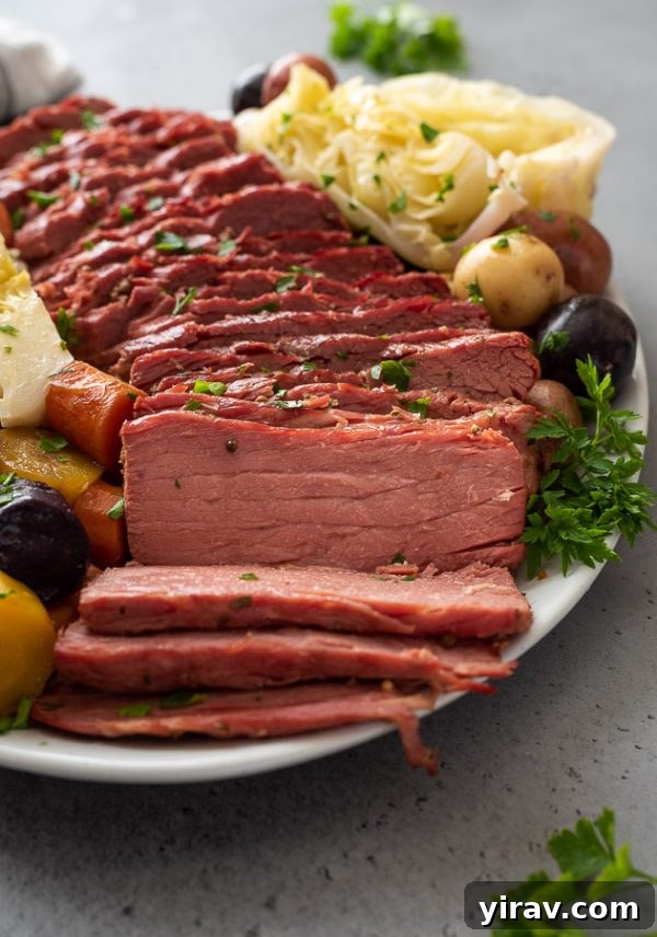 Close-up front shot of a perfectly cooked corned beef and cabbage meal served on a white platter, featuring tender brisket, potatoes, carrots, and distinct cabbage wedges.