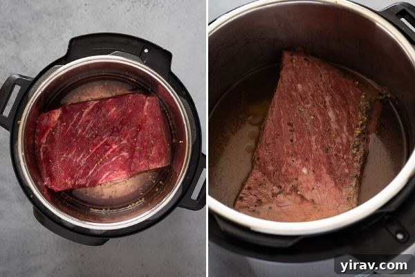 A collage showing the initial steps of preparing Instant Pot corned beef: placing the brisket in the pot, adding seasoning, and water before pressure cooking.