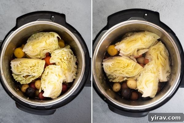 A collage showing the second phase of Instant Pot corned beef and cabbage preparation: adding potatoes, carrots, and cabbage to the cooked brisket for final pressure cooking.