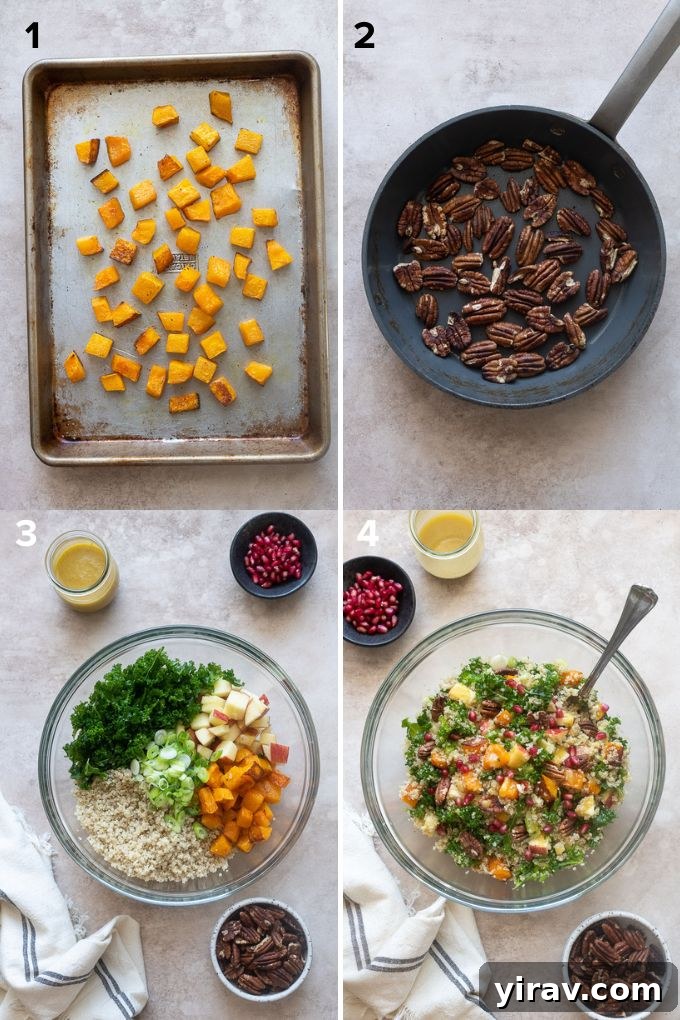 Step-by-step assembly of butternut squash and quinoa salad ingredients in a bowl.