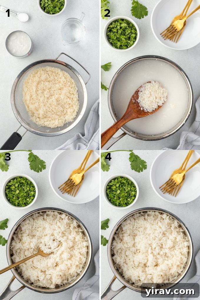 A simple guide on how to make coconut rice with ingredients in a pan