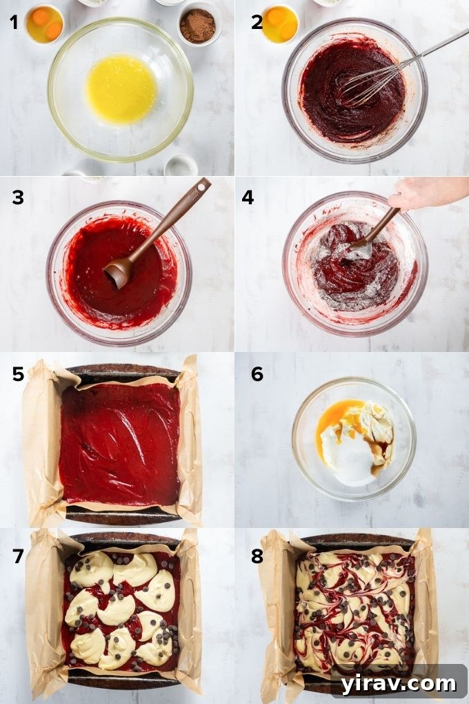 Velvet Dream Brownies 5 A visual guide showing the process of mixing brownie batter, preparing the cheesecake swirl, and layering them for baking.