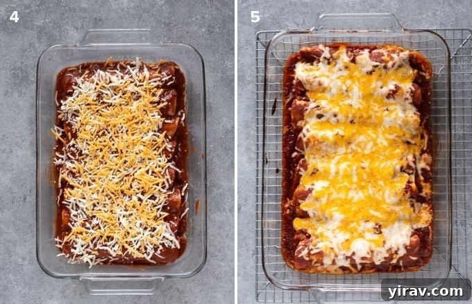 No-Fuss Chicken Enchiladas 5 Before and after baking images of chicken enchiladas, showing the uncooked dish and the bubbling, golden finished product.