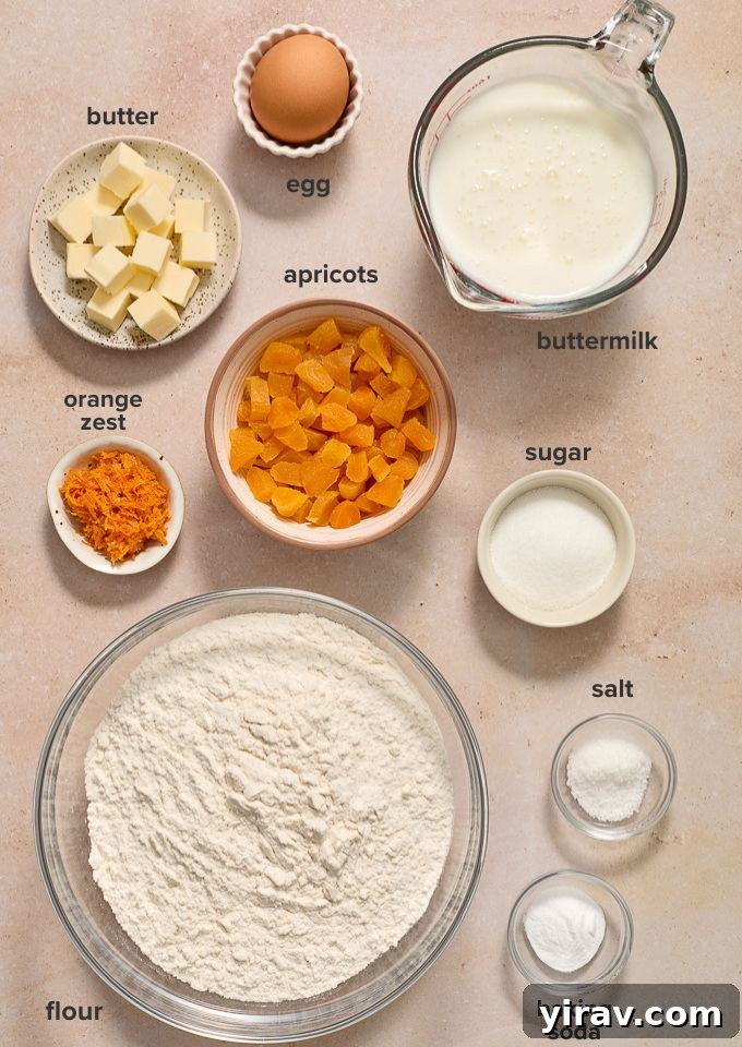 Labeled ingredients for fruity Irish soda bread, including flour, sugar, baking soda, salt, butter, buttermilk, egg, dried apricots, and orange zest.