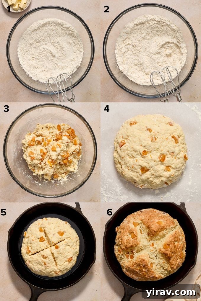 Step-by-step process of making Irish soda bread, showing mixing ingredients and shaping dough.