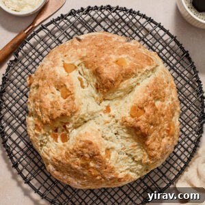 Irish soda bread with orange zest and apricots on a wire rack.