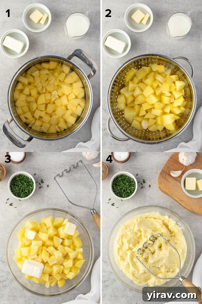 Sumptuous Yukon Gold Mashed Potatoes 5 A visual step-by-step guide showing chopped potatoes and garlic in a pot, then mashed potatoes with butter and cream cheese being combined.