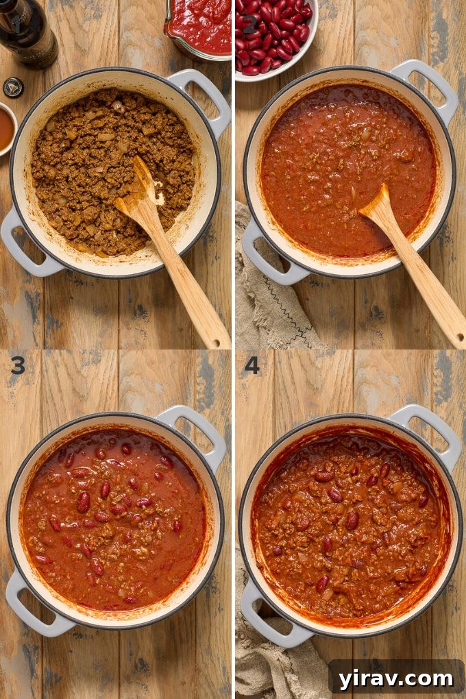 Rich Guinness Chili 5 Collage showing steps for making ground beef chili with Guinness, including browning beef, adding spices, and simmering.