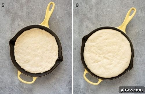 Collage of focaccia pizza dough before and after rising
