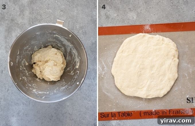 Collage showing focaccia pizza dough in a mixing bowl and then transferred to a lightly floured surface.