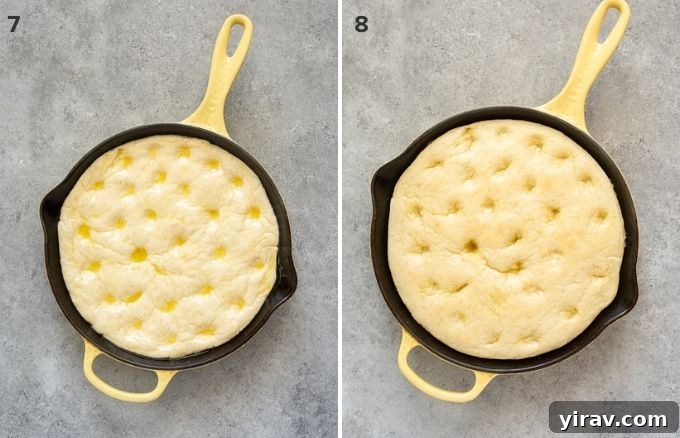 Collage showing focaccia bread pizza dough before and after par-baking.