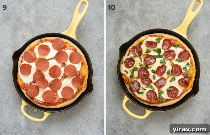 Collage showing focaccia bread pizza with toppings before and after final baking.