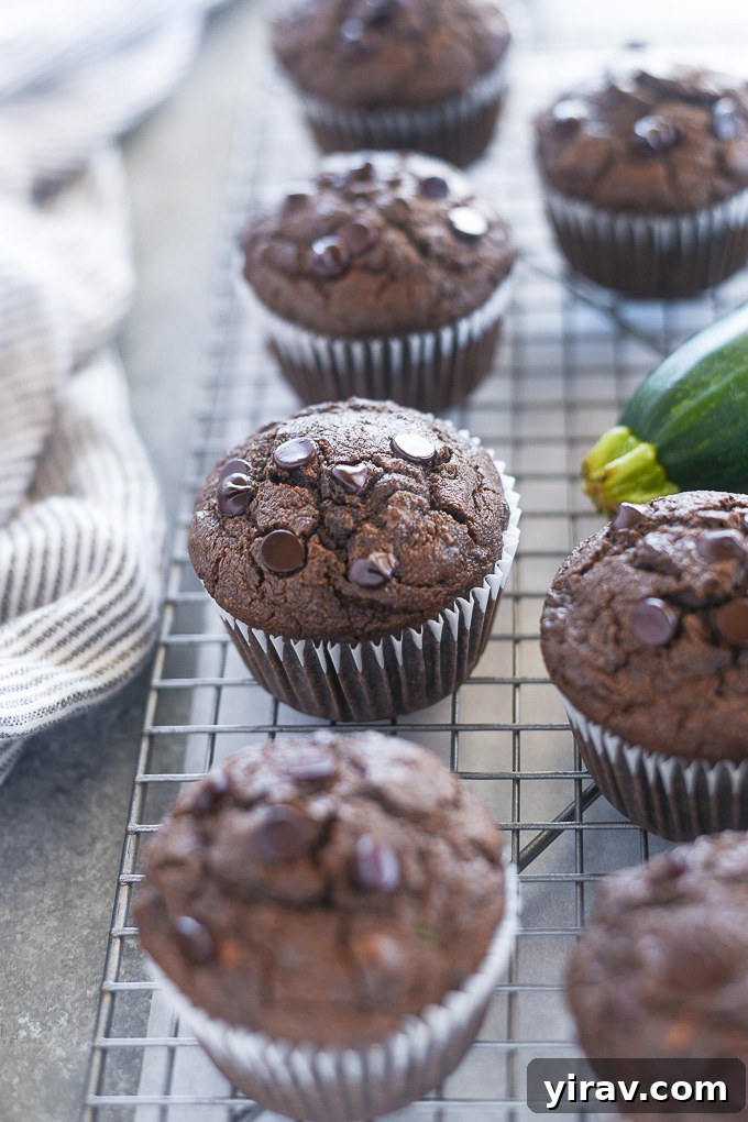 Guilt-Free Chocolate Zucchini Muffins 6 Healthy chocolate zucchini muffins on a wire rack