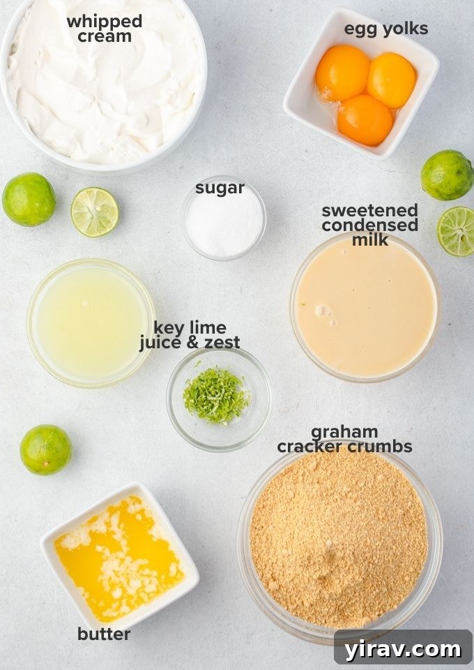 Key Lime Perfection 4 Key lime pie recipe ingredients laid out, including limes, condensed milk, eggs, and graham crackers