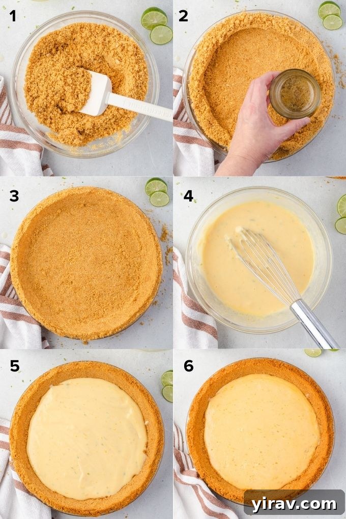 Key Lime Perfection 5 How to make key lime pie collage, showing steps from crust to filling