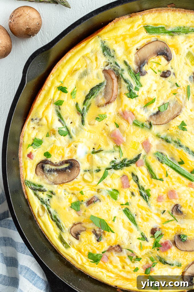 Golden Ham and Cheese Frittata 3 Close-up of Ham and Cheese Frittata in a skillet, showcasing rich cheese, pieces of ham, tender asparagus, and savory mushrooms.