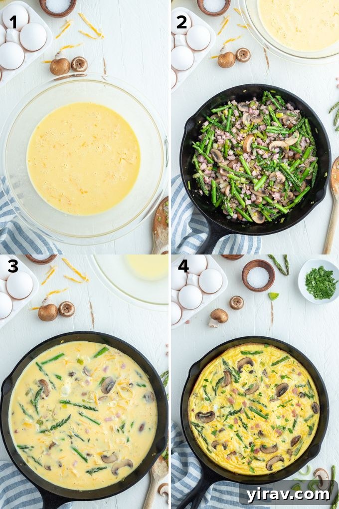 Golden Ham and Cheese Frittata 5 Step-by-step image showing sautéed leeks, mushrooms, asparagus, and ham in a skillet, ready for the egg mixture.