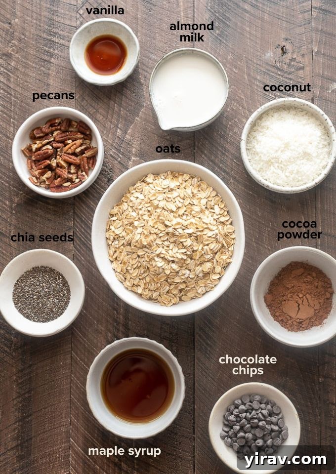 A flat lay image showing all the dry and wet ingredients for making chocolate overnight oats, including oats, cocoa, milk, syrup, chia seeds, coconut, and pecans.