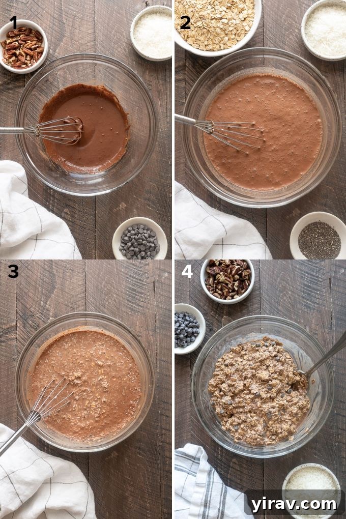 A visual step-by-step guide showing how to mix ingredients for chocolate overnight oats.