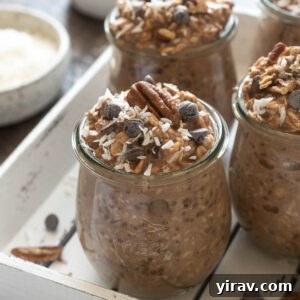 German chocolate overnight oats in jars.