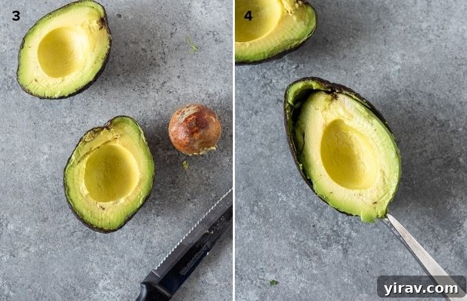 The Ultimate Homemade Guacamole Dip 6 Removing pit and scooping out avocado collage