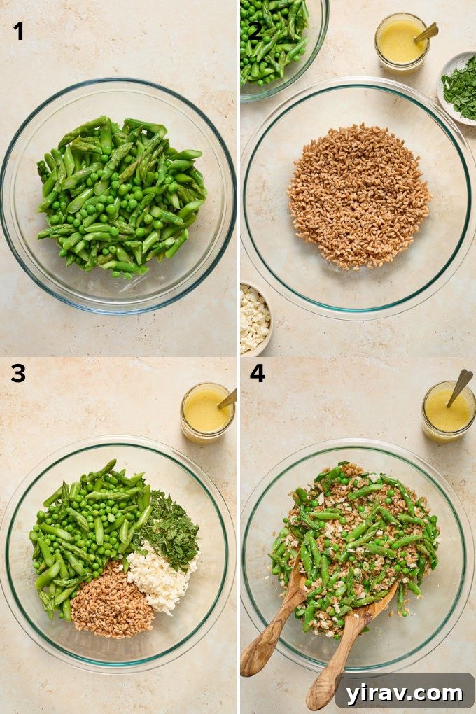Step-by-step image showing how to make spring farro salad, with blanched vegetables and cooked farro in separate bowls.