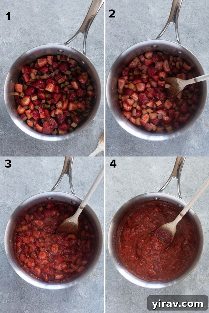 A photo collage showing step-by-step instructions for making strawberry rhubarb jam: combining ingredients, simmering, and the final consistency.