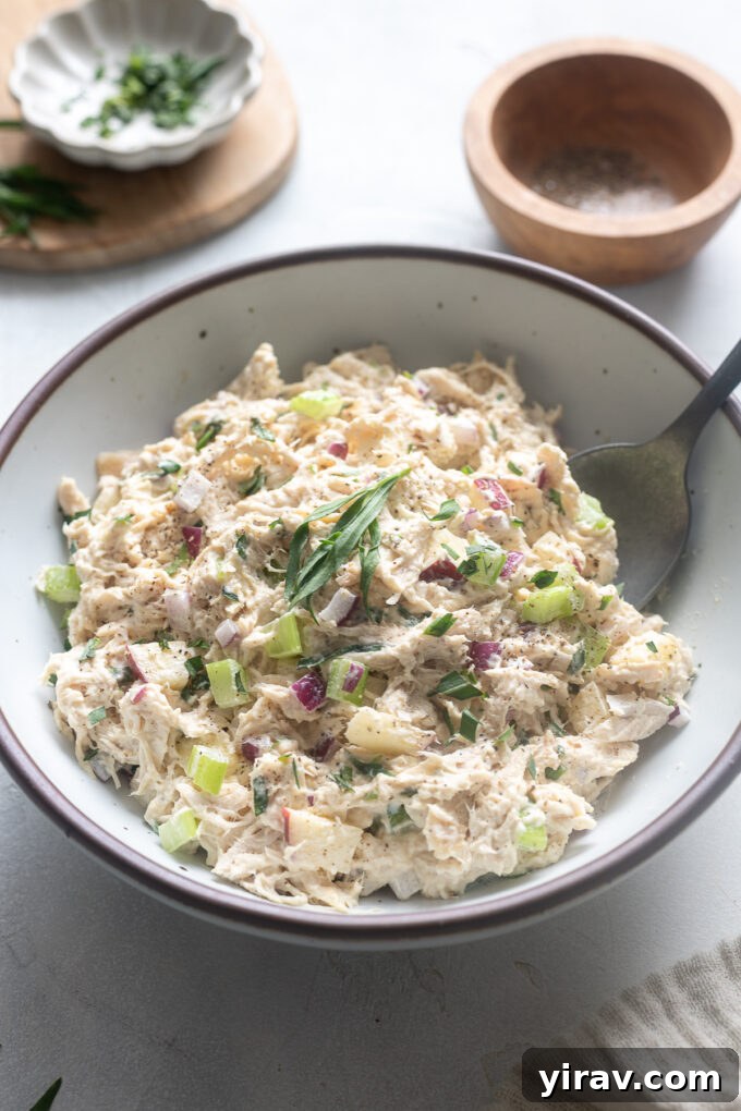 Chicken salad with tarragon in a serving bowl.