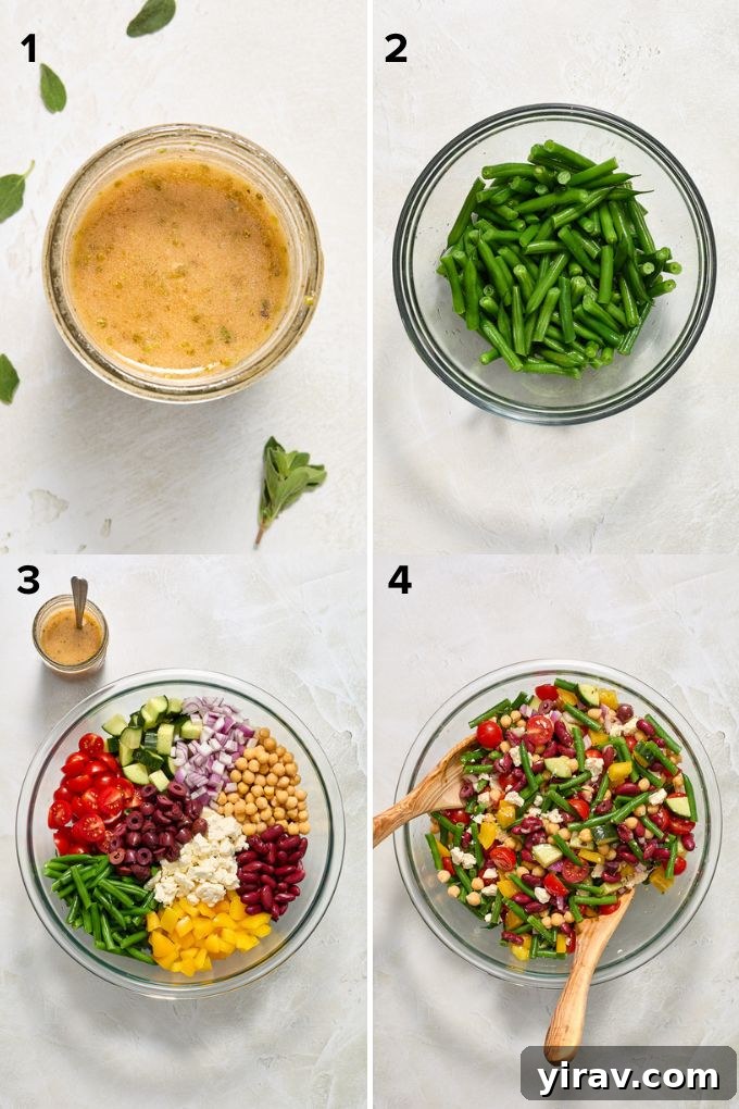 Zesty Mediterranean Bean Salad 5 Step-by-step assembly of Mediterranean bean salad in a large bowl.