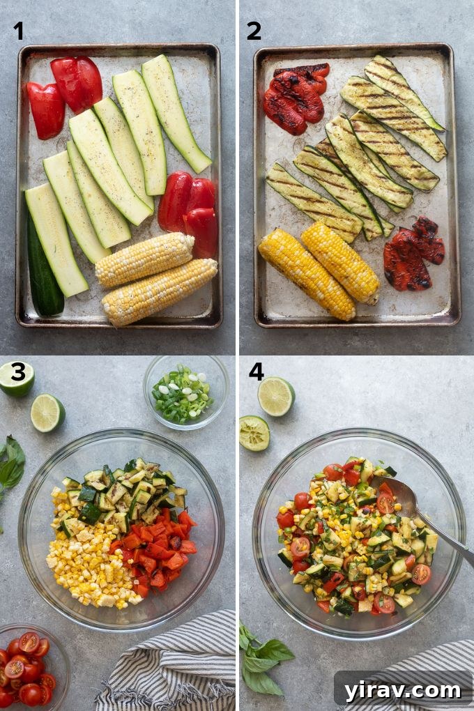 A visual guide showing steps to make grilled zucchini and corn salad, including grilling vegetables and mixing them.