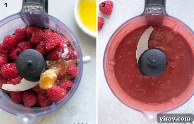 Vibrant Raspberry Vinaigrette 5 A collage demonstrating the simple two-step process of making raspberry dressing in a food processor.