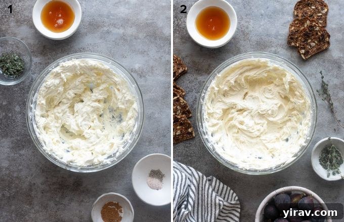 A two-part image showing the process of making whipped goat cheese. The first shows goat cheese and cream cheese being whipped in a bowl, and the second shows honey and thyme being added to the mixture.