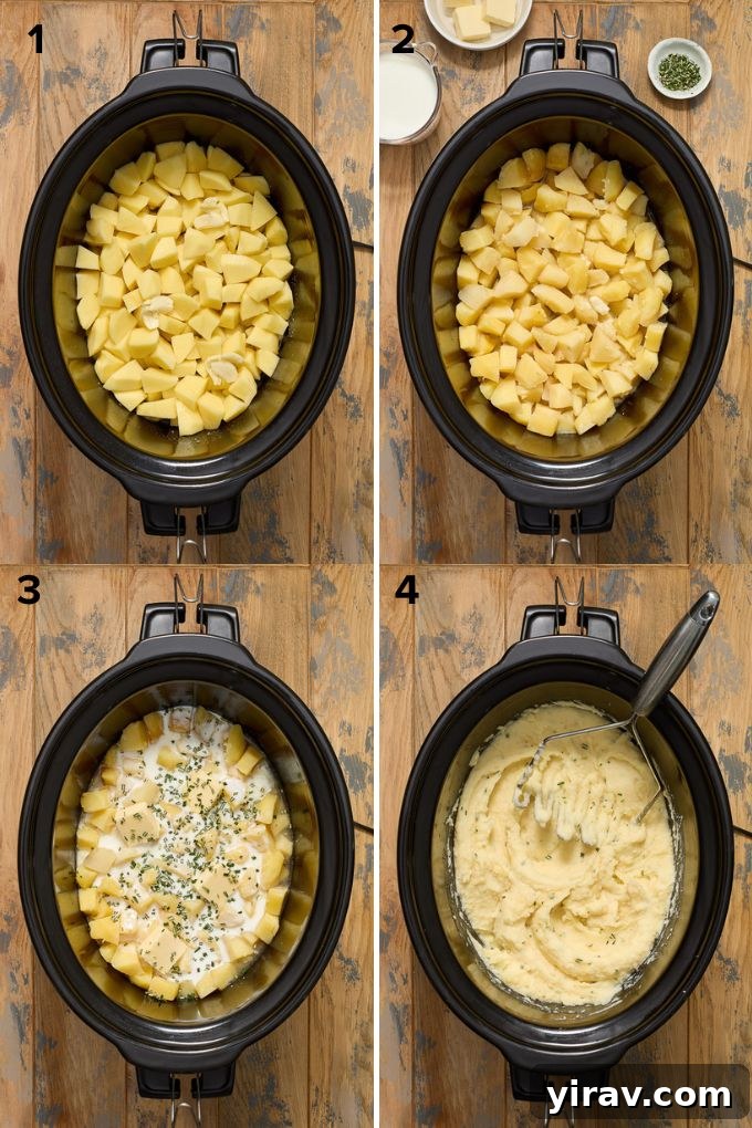 A step-by-step photo collage showing the process of making Crock Pot buttermilk mashed potatoes.