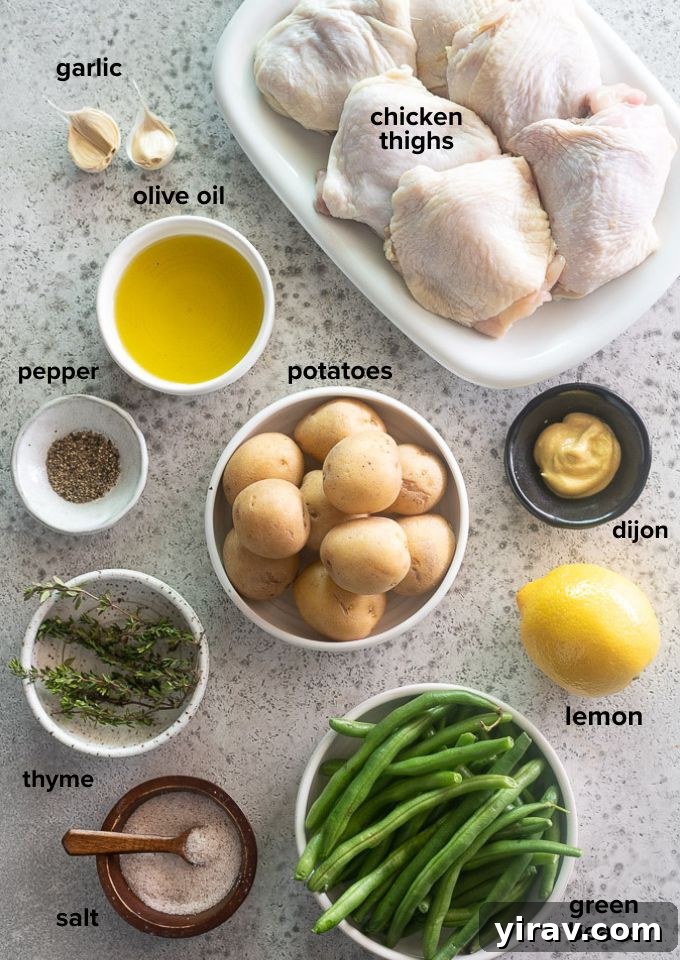 Sheet pan chicken thighs with potatoes and veggies ingredients.