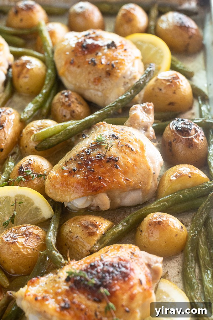 Sheet pan chicken thighs with potatoes, green beans and lemon.