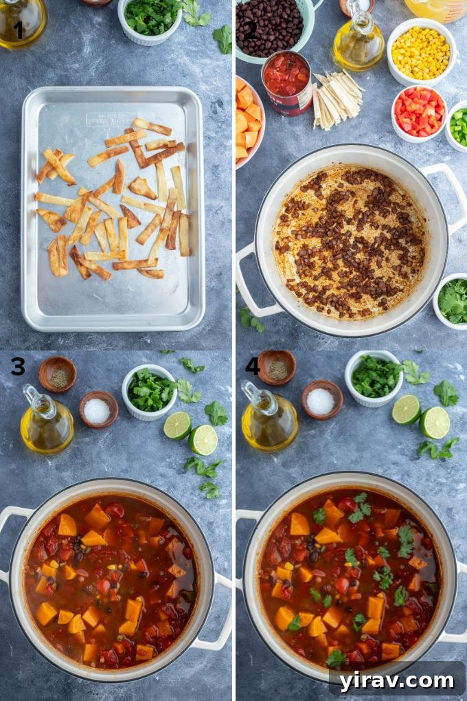 Plant-Powered Tortilla Soup 5 Step-by-step image of vegetables simmering in a pot for vegan tortilla soup, illustrating the cooking process.