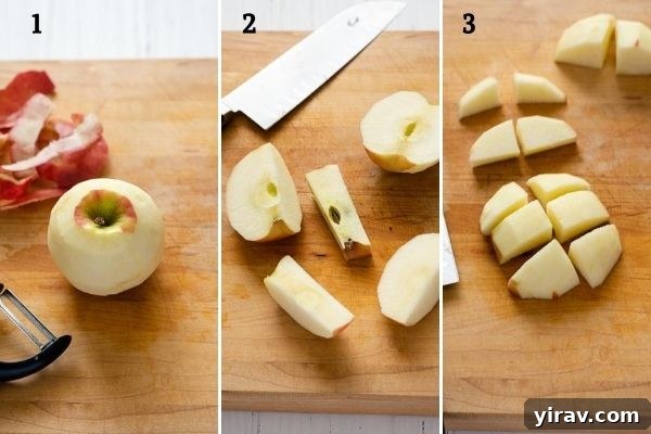 Effortless Apple Crisp 4 A visual guide showing the sequence of peeling, coring, and uniformly chopping apples for the crisp filling.