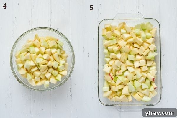 Effortless Apple Crisp 5 A process collage illustrating the mixing of chopped apples with granulated sugar, lemon juice, cornstarch, and cinnamon to form the crisp filling.