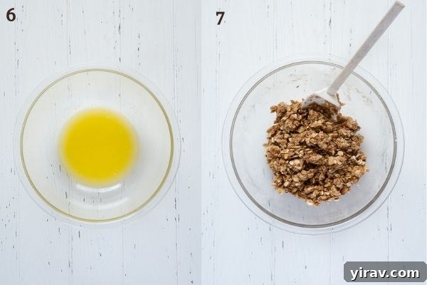 Effortless Apple Crisp 6 A collage demonstrating the steps to melt butter and mix it with oats, flour, brown sugar, cinnamon, and salt for the perfect crumble topping.