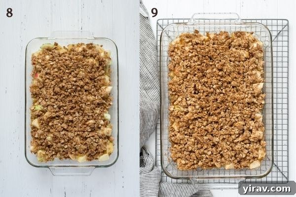 Effortless Apple Crisp 7 A process collage illustrating the final steps: sprinkling the crumble over the apple filling and baking the apple crisp until it's golden brown and bubbly.