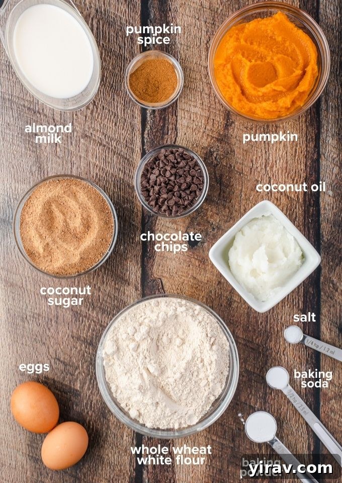 Spiced Pumpkin Chocolate Chip Bread 4 A flat lay image showing all the dry and wet ingredients for making healthy pumpkin bread, including pumpkin puree, flour, spices, eggs, and chocolate chips.