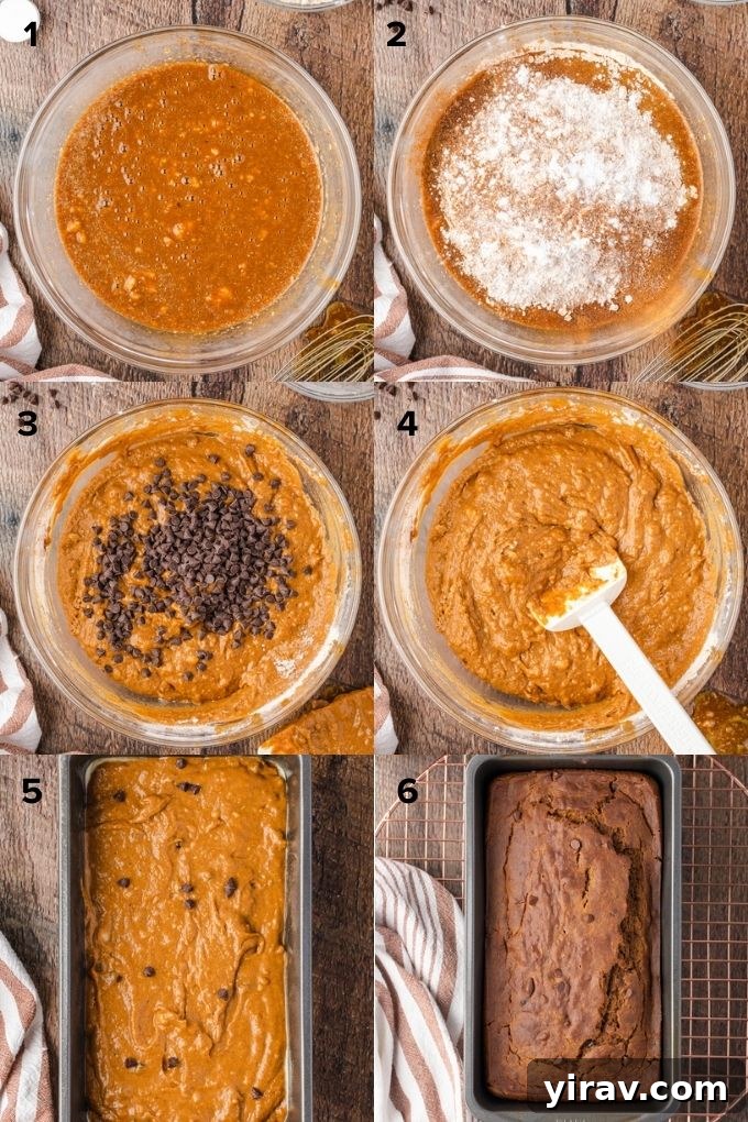 Spiced Pumpkin Chocolate Chip Bread 5 A step-by-step photo collage illustrating the process of making healthy pumpkin bread from mixing ingredients to pouring into a loaf pan.