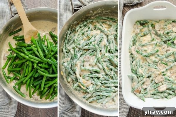 Homemade green bean casserole process collage 2: stirring cheese into sauce and combining with green beans