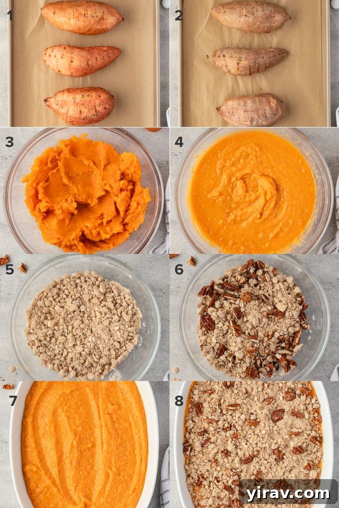 Collage showing the step-by-step process of making sweet potato casserole, from mashing ingredients to topping with streusel