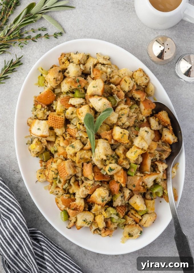 Crock pot stuffing on a white serving platter