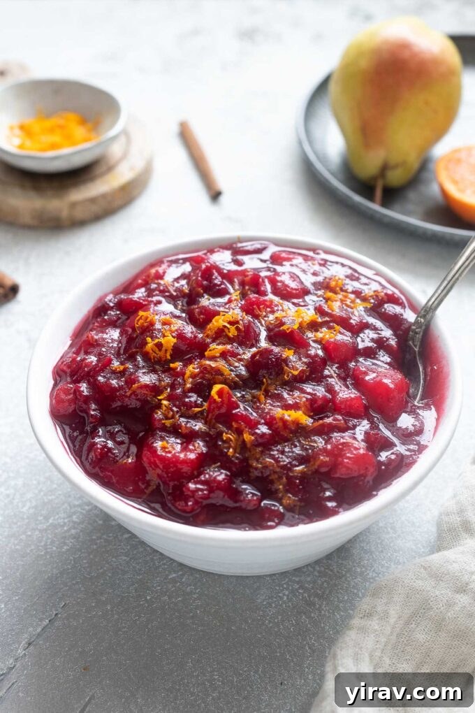 Port cranberry sauce in a bowl with a spoon.