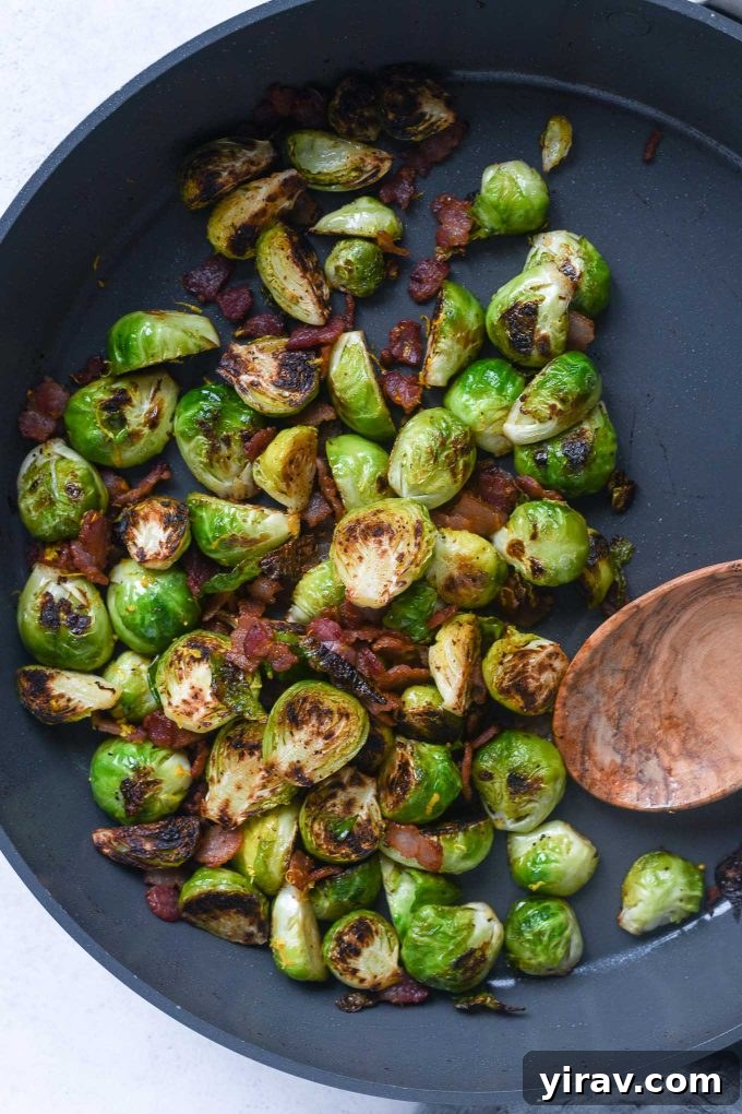 Brussels sprouts and bacon in a pan