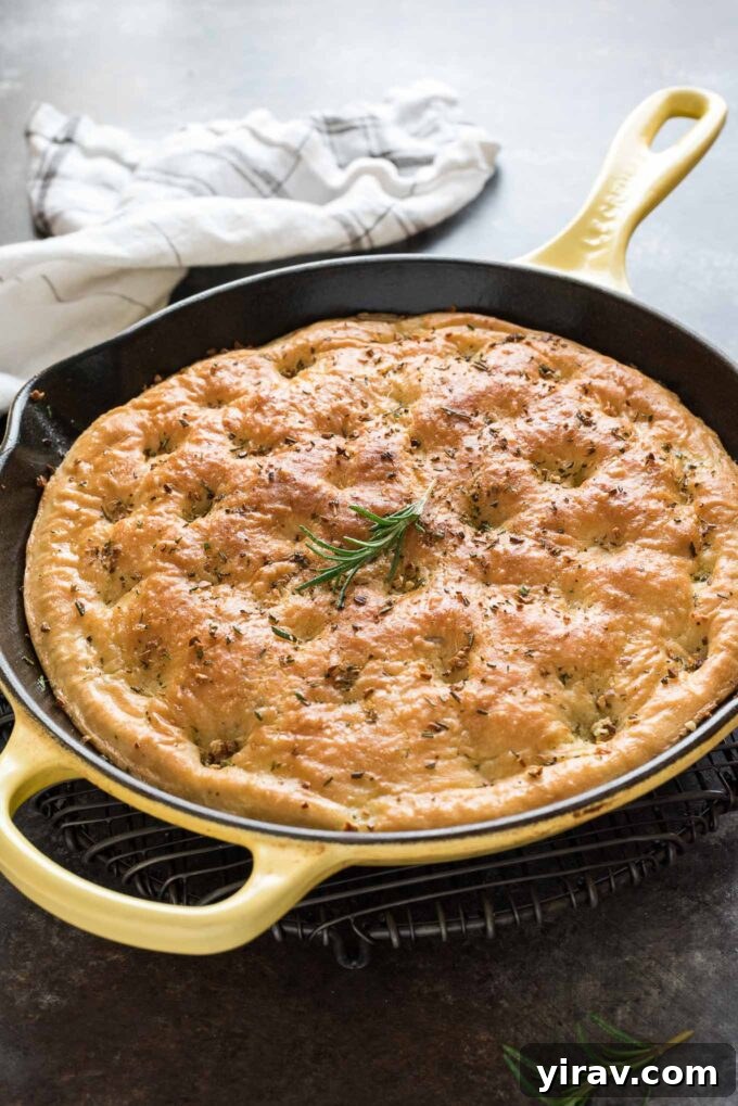 Rosemary focaccia bread in a skillet